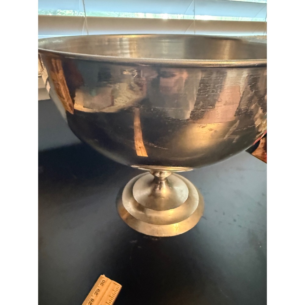 Large Silver Tone Metal Pedestal Centerpiece Bowl Made in India 12 Inch Diameter